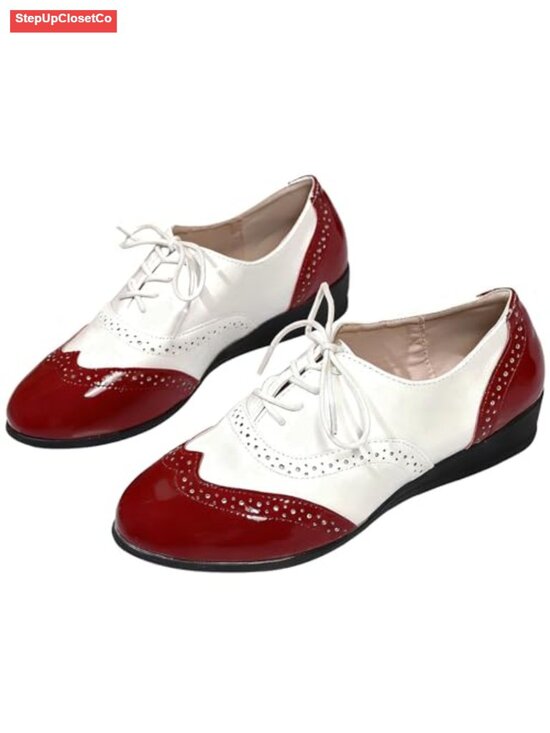 Shoes - Women's PU Leather Wingtip Oxfords Perforated Lace-Up Brogue Dress Shoes
